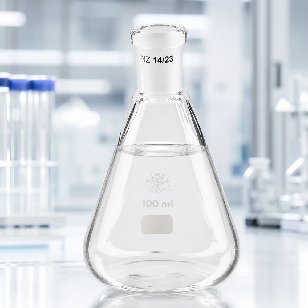Erlenmeyer 100ml nauwe hals borosilicaat met slijpstuk 14/23 Erlenmeyer 100ml nauwe hals borosilicaat met slijpstuk 14/23