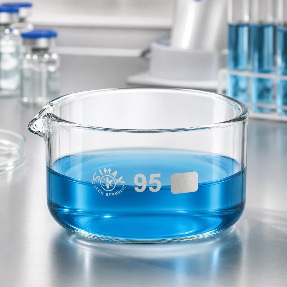 Vlakke schaal van borosilicaatglas, 300 ml, voor chemische analyse, laboratoriumglas van SIMAX Tsjechië, ø95 mm