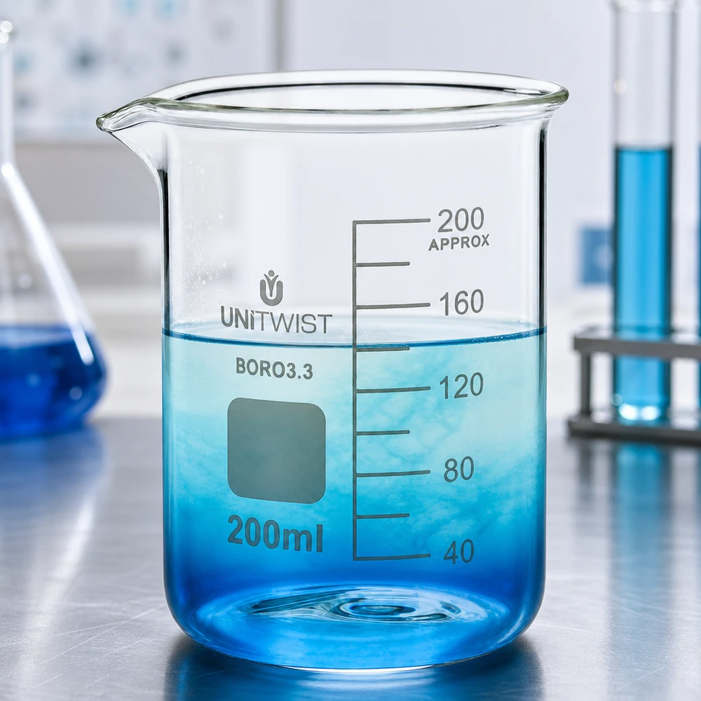 Laboratoriumbeker 200 ml, borosilicaat 3.3, met lage handgreep en wit markeerveld van UNiTWIST