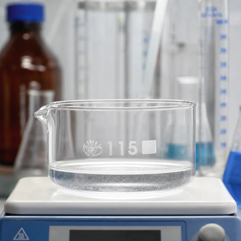 Kristalliseerschaal 500ml met schenktuit Kristallisatieschaal van 500 ml in een laboratoriumomgeving, met reageerbuisjes en een bruine glazen fles op de achtergrond