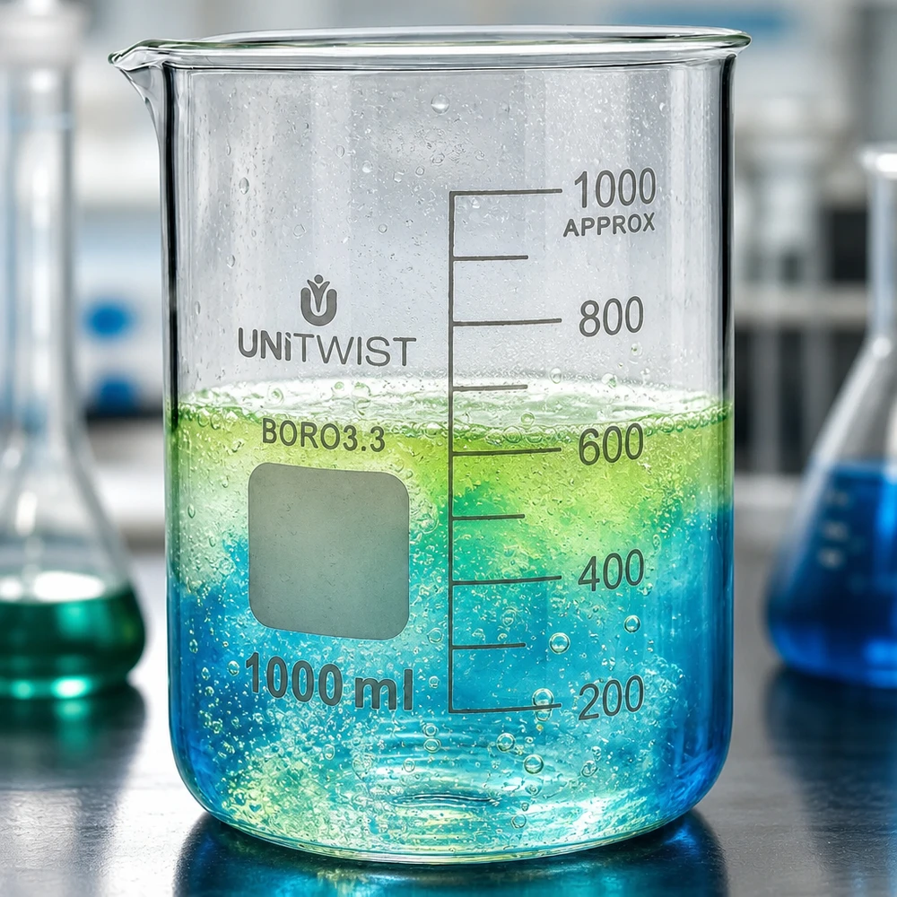 UNiTWIST bekerglas 1000 ml met zichtbare scheiding tussen blauwe en groene vloeistof