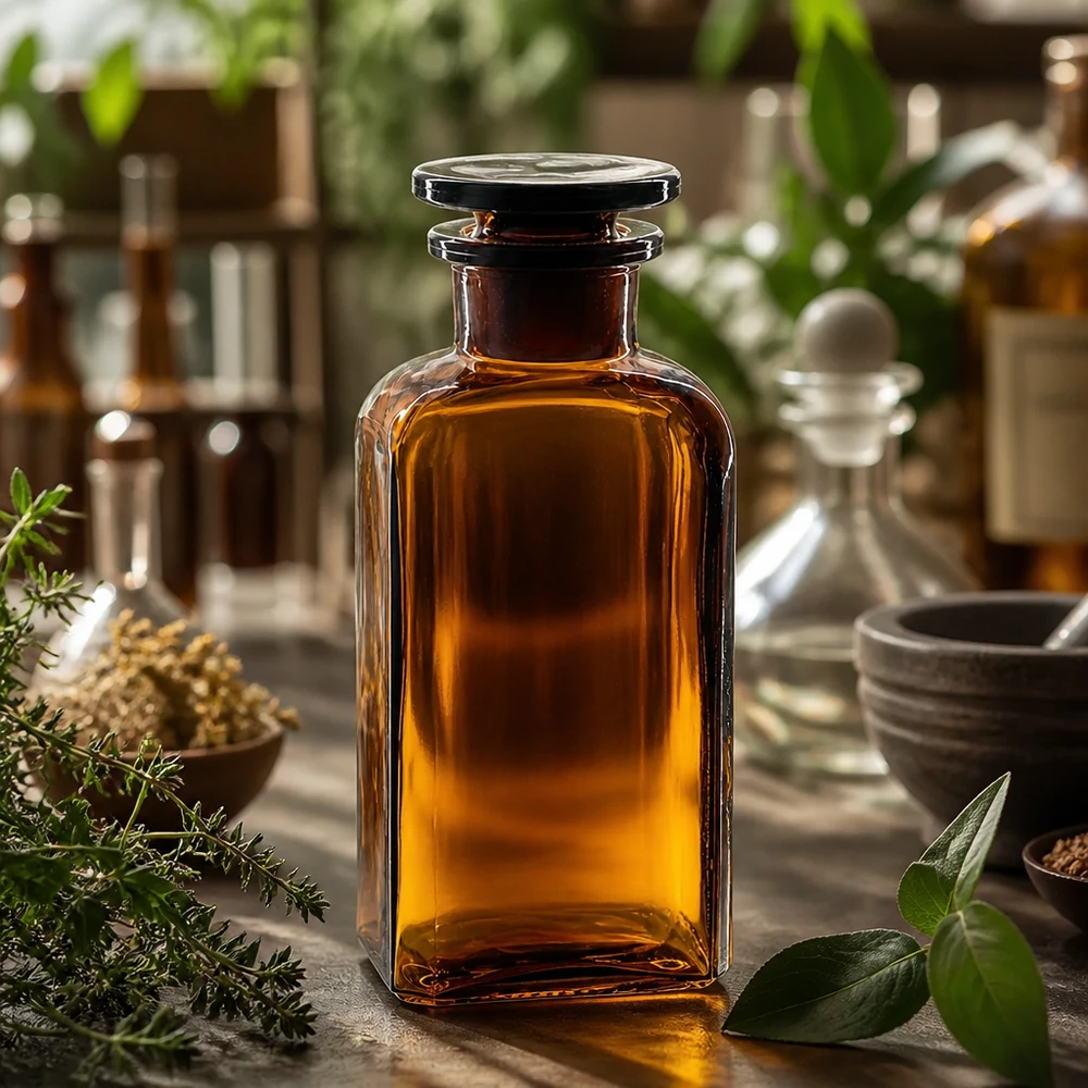 Vierkant-apothekersfles 250 ml wijde hals bruin glas incl. glazen stop Klassieke apothekersfles, vierkant, 250 ml, bruin glas met glazen stop, brede hals