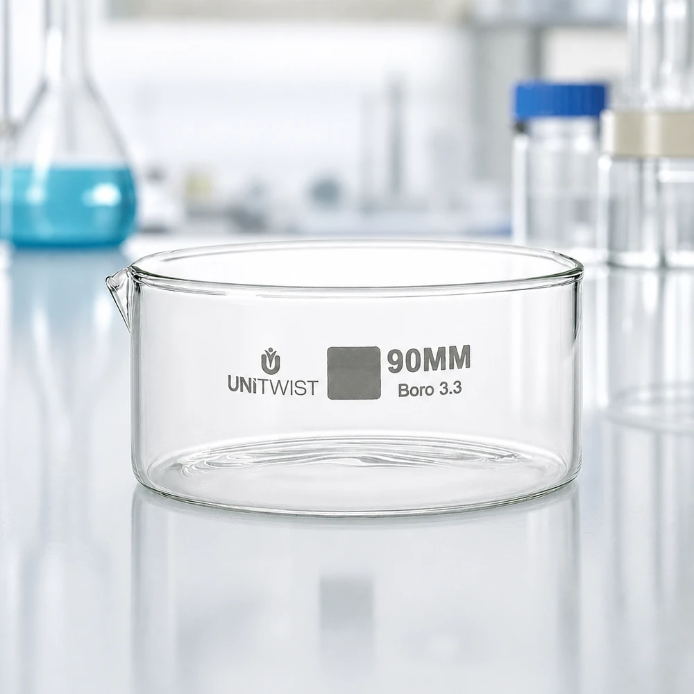 Kristalliseer schaal ø90mm borosilicaatglas UNiTWIST Doorzichtige glazen schaal 90 mm UNiTWIST Boro 3.3 voor kristallisatie, inverdamping en analyse