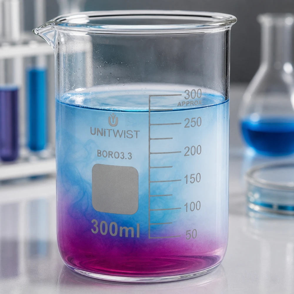 UNiTWIST maatbeker van 300 ml van borosilicaatglas met een paarsblauw reactiemengsel