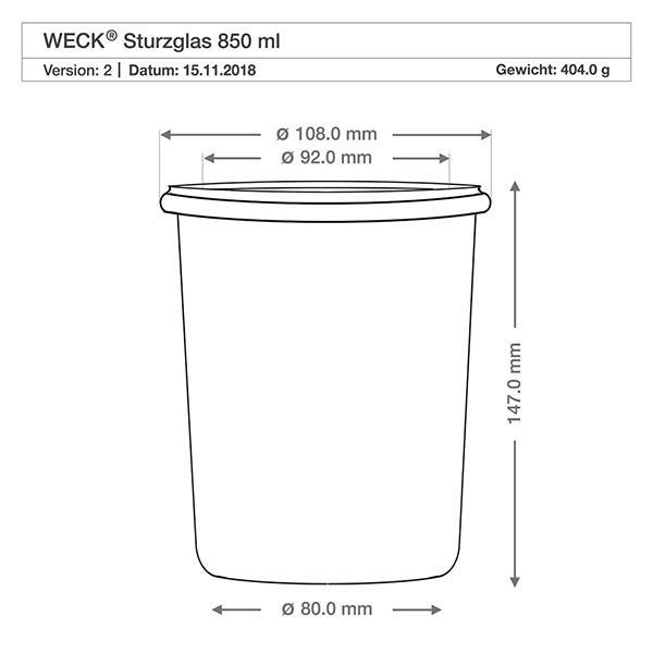 WECK beker 850ml RR100 technische tekening afmetingen afmetingen 108mm diameter 147mm hoogte productspecificatie