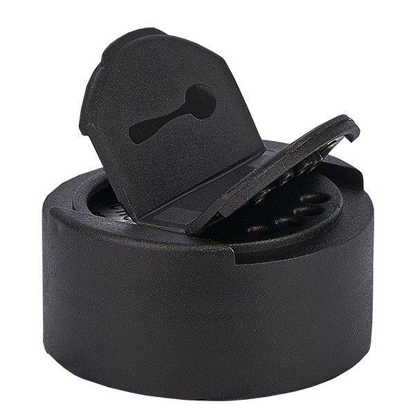 Zout/kruidenpot deksel met dubbele opening zwart - Dubbel: 4 gaten ø3mm en 1 gat ø29mm. Draad 41mm. Klapscharnier. PP.