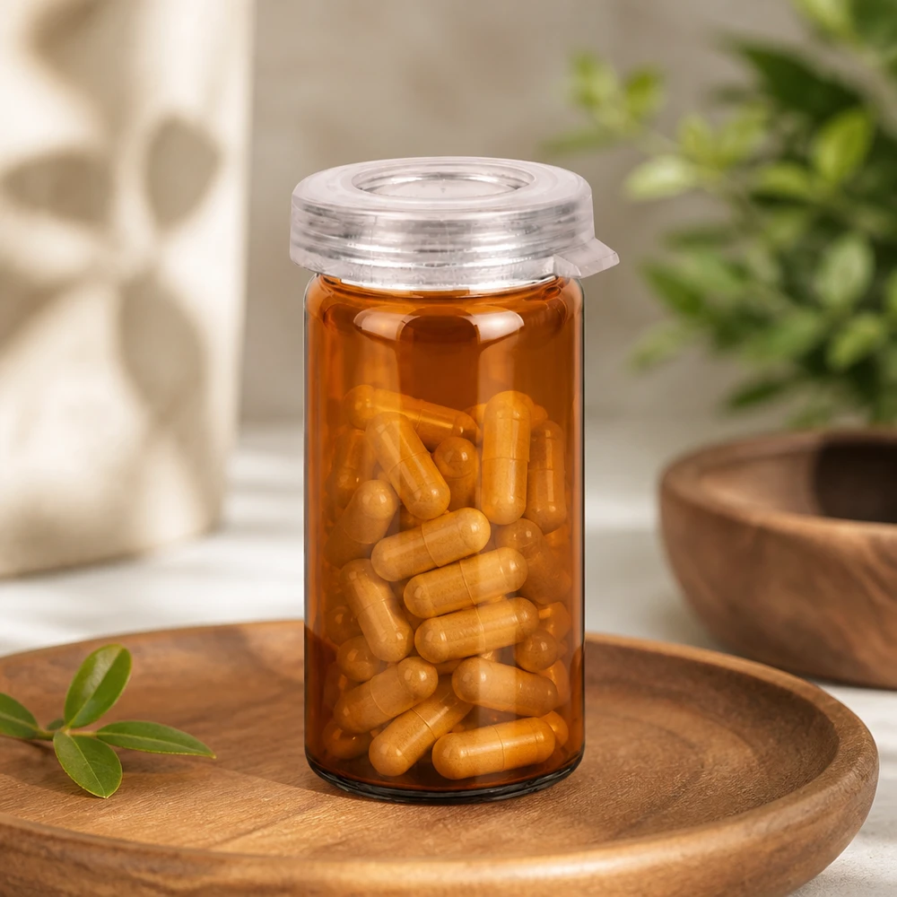 Glas met gerolde rand, 5 ml, bruin glas, lichtbeschermd, voor het bewaren van kruidencapsules in de wellnessruimte