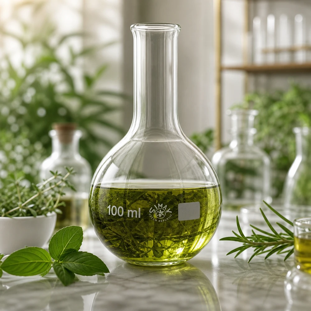 Platbodem kolf 100ml nauwe hals borosilicaat met afgeronde rand Destillatiekolf 100ml van helder glas gevuld met groenachtig plantenconcentraat
