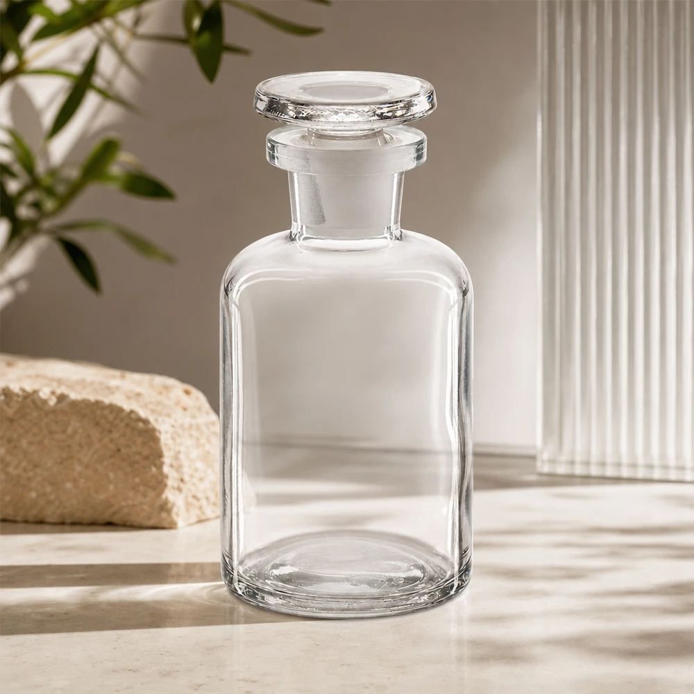 Apothekersfles 50 ml nauwe hals helder glas incl. glazen stop Voorraadfles van 50 ml, van helder glas, met ronde schouder en smalle hals, voorzien van een luchtdichte glazen stop
