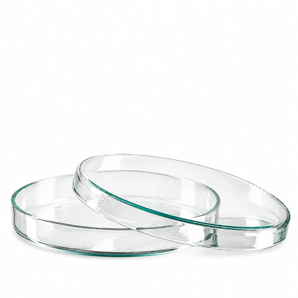 Vlakke, ronde glazen schaal, petrischaal 100 x 15 mm, van lichtgroen glas, stapelbaar
