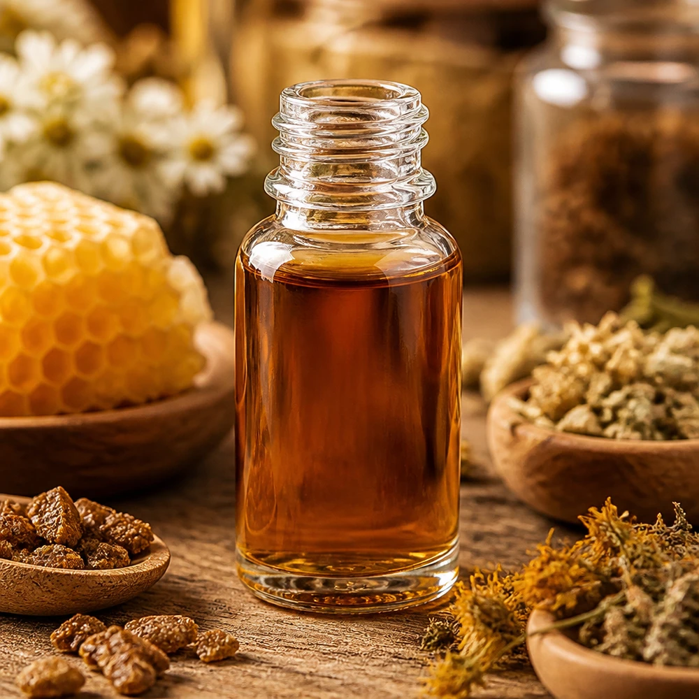 10ml apothekersfles ClearLine DIN18 UNiTWIST Glazen flesje van 10 ml met een natuurlijk geneesmiddel, omgeven door honingraat, kruiden en propolis
