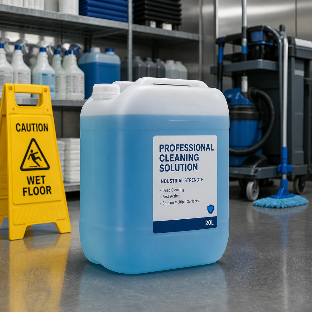 30l jerrycan, UN-toelating, zonder schroefsluiting Doorzichtige plastic jerrycan met blauwe vloeistof en een witte schroefdop