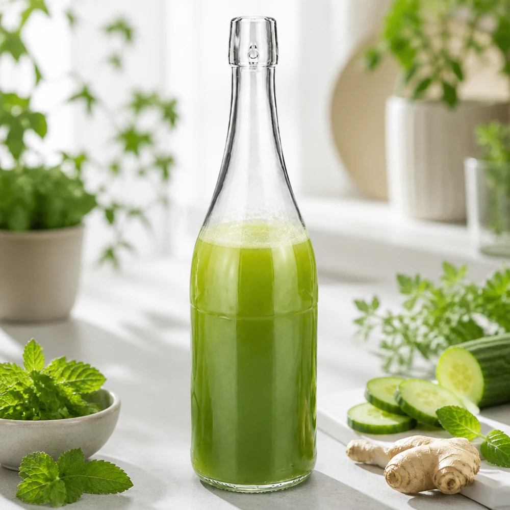 750ml UNiTWIST glazen fles gevuld met groene smoothie tussen verse kruiden komkommer gember gezonde voeding