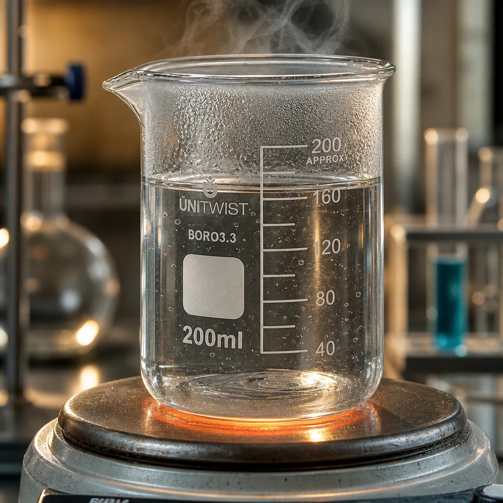 Lage bekervorm van 200 ml, vervaardigd uit borosilicaatglas 3.3, voor laboratoriumproeven met een warmtebron