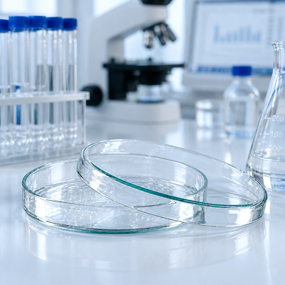 Twee glazen petrischalen van 100 x 10 mm, gestapeld naast een microscoop en een Erlenmeyer-kolf in het laboratorium