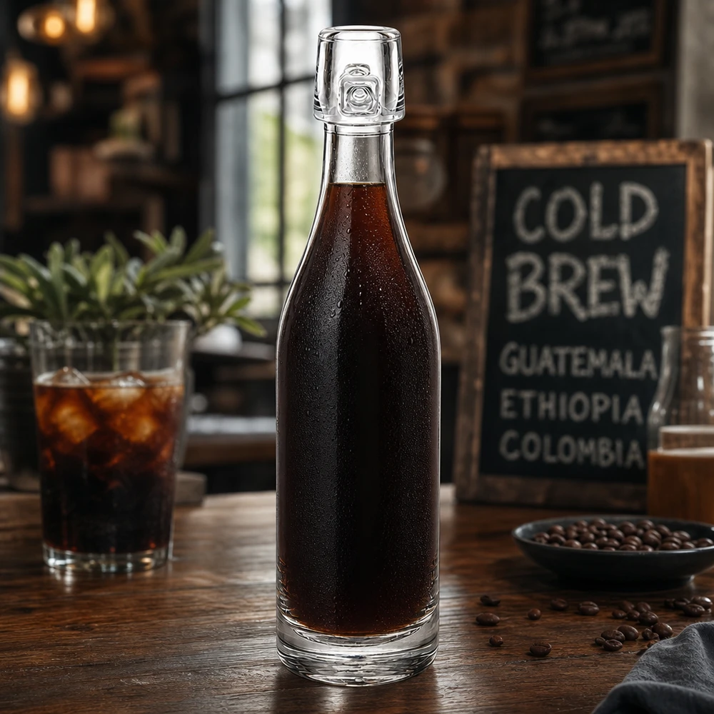 50 ml glazen fles zonder UNiTWIST mechanische sluiting 50ml glazen fles UNiTWIST gevuld met cold brew koffie op een houten tafel met koffiebonen en glas