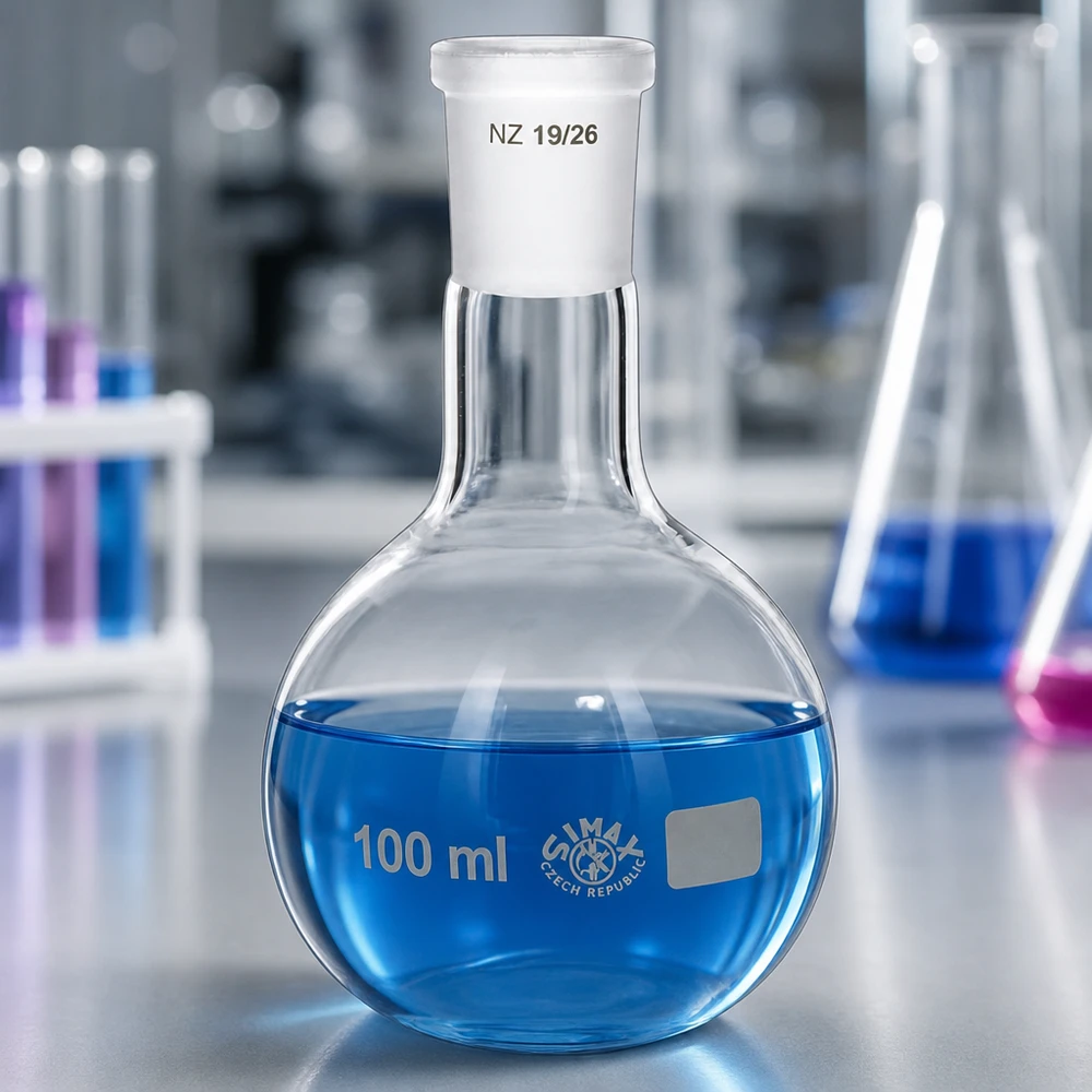 Platbodem kolf 100ml nauwe hals borosilicaat met slijpstuk 19/26 Laboratoriumglaswerk 100ml met bolvormige bodem - optimale warmteverdeling tijdens reacties