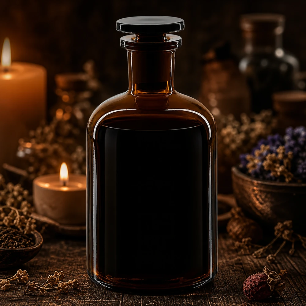 Apothekersfles 250 ml nauwe hals bruin glas incl. glazen stop Decoratieve bruine glazen fles van 250 ml met ronde schouders, glazen stop en smalle hals, geschikt voor bewaring