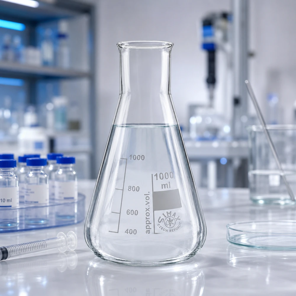 Erlenmeyer 1000ml wijde hals borosilicaat met afgeronde rand Erlenmeyer 1000ml wijde hals borosilicaat met afgeronde rand