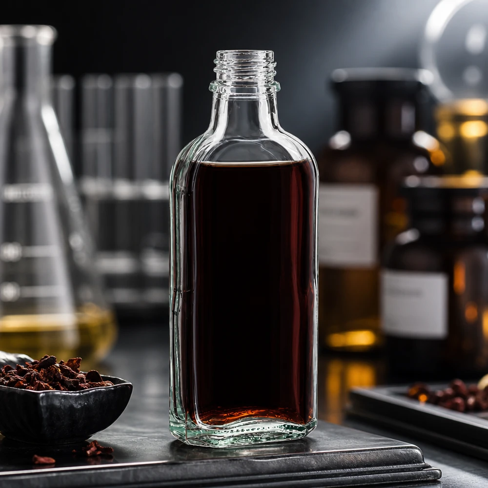Doorzichtige Meplat-fles van 100 ml DIN22 met plantaardige tinctuur in de studio