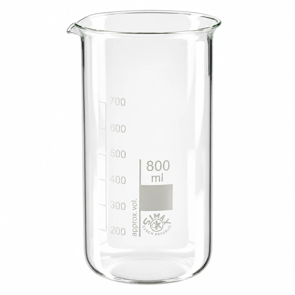 Bekerglas 800 ml van hittebestendig borosilicaatglas (hoog model) SIMAX-beker van 800 ml, hoog model, van hittebestendig borosilicaatglas, met schenktuit en maatverdeling