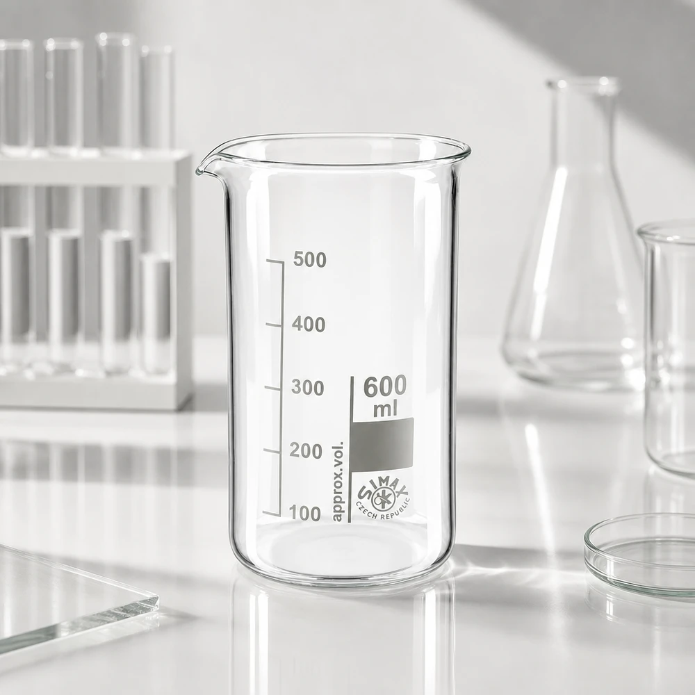 Bekerglas 600 ml van hittebestendig borosilicaatglas (hoog model) Hoog, cilindrisch laboratoriumglaswerk van 600 ml, borosilicaatglas, met volumeschaal en tuit