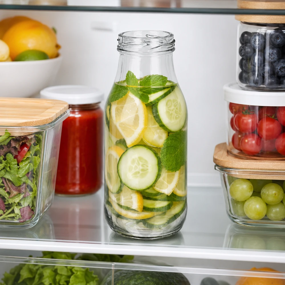 UNiTWIST Fles263 Glazen fles 263ml met komkommer-citroen-munt infused water in de koelkast TO43 dop
