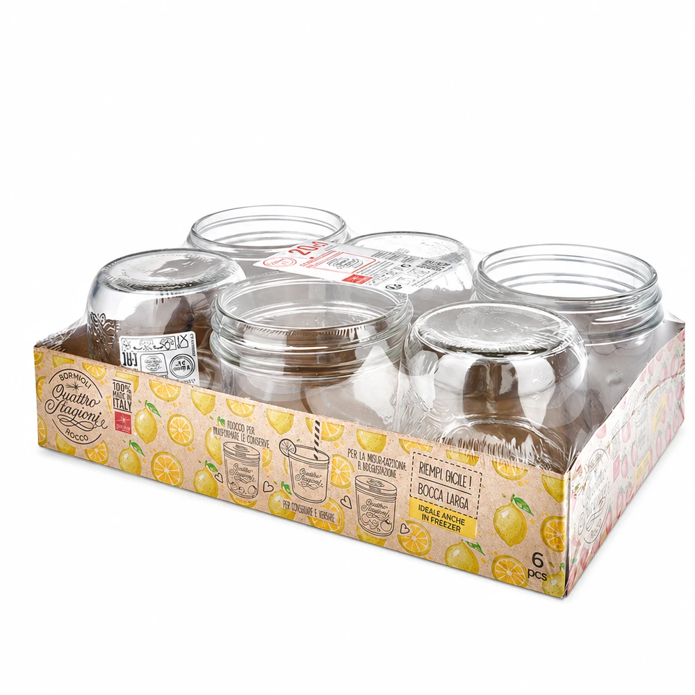 200 ml "Quattro Stagioni" juwelenglas Set van 6 inmaakpotten Quattro Stagioni van 200 ml met deksel in verkoopverpakking voor inmaken en bewaren