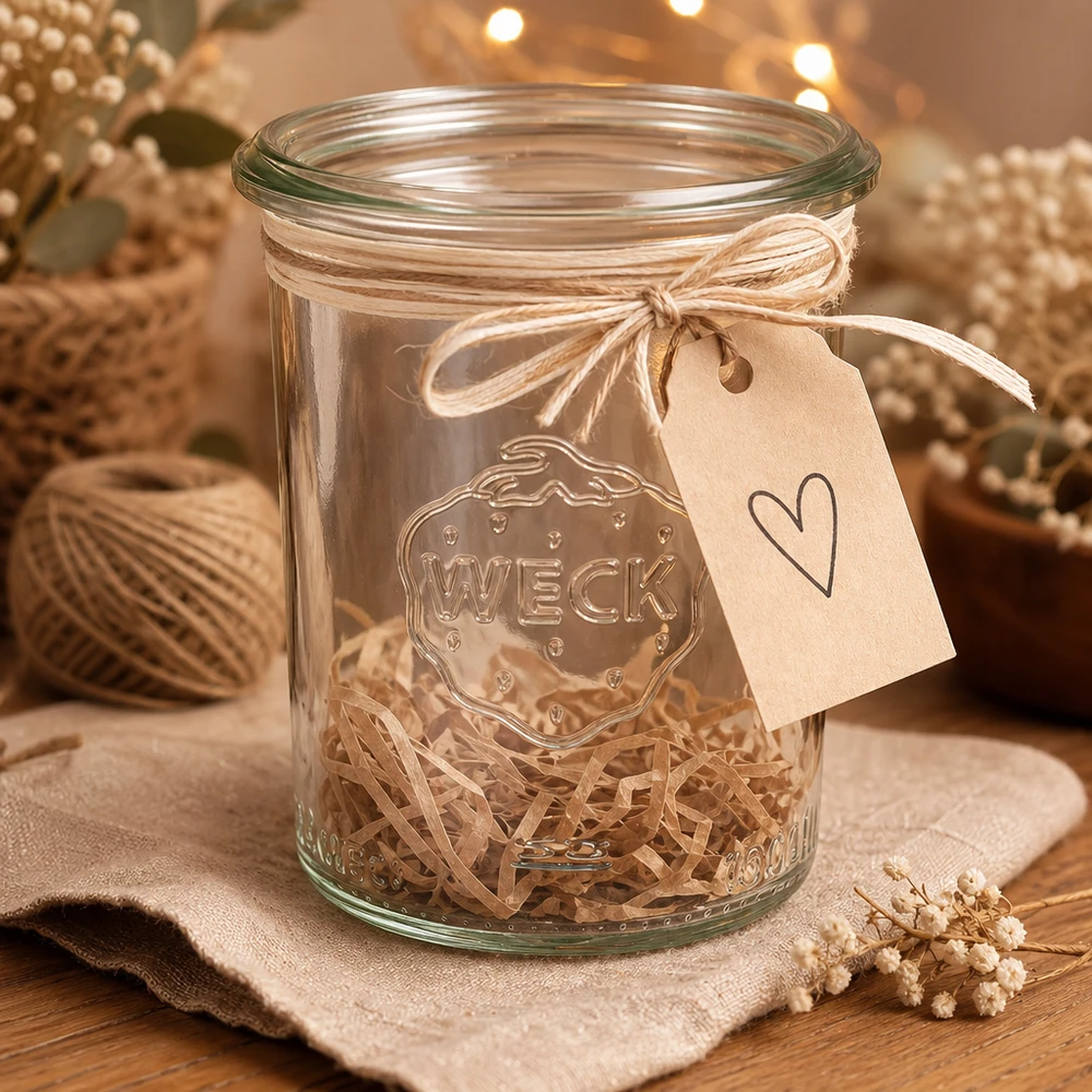 160ml beker WECK RR60 met hart hanger en raffia koord gedecoreerd als geschenkverpakking op een houten tafel