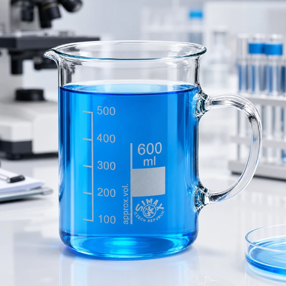 Bekerglas 600 ml van hittebestendig borosilicaatglas met handvat Simax laboratoriumbeker van 600 ml met ergonomische handgreep en blauwe laboratoriumachtergrond
