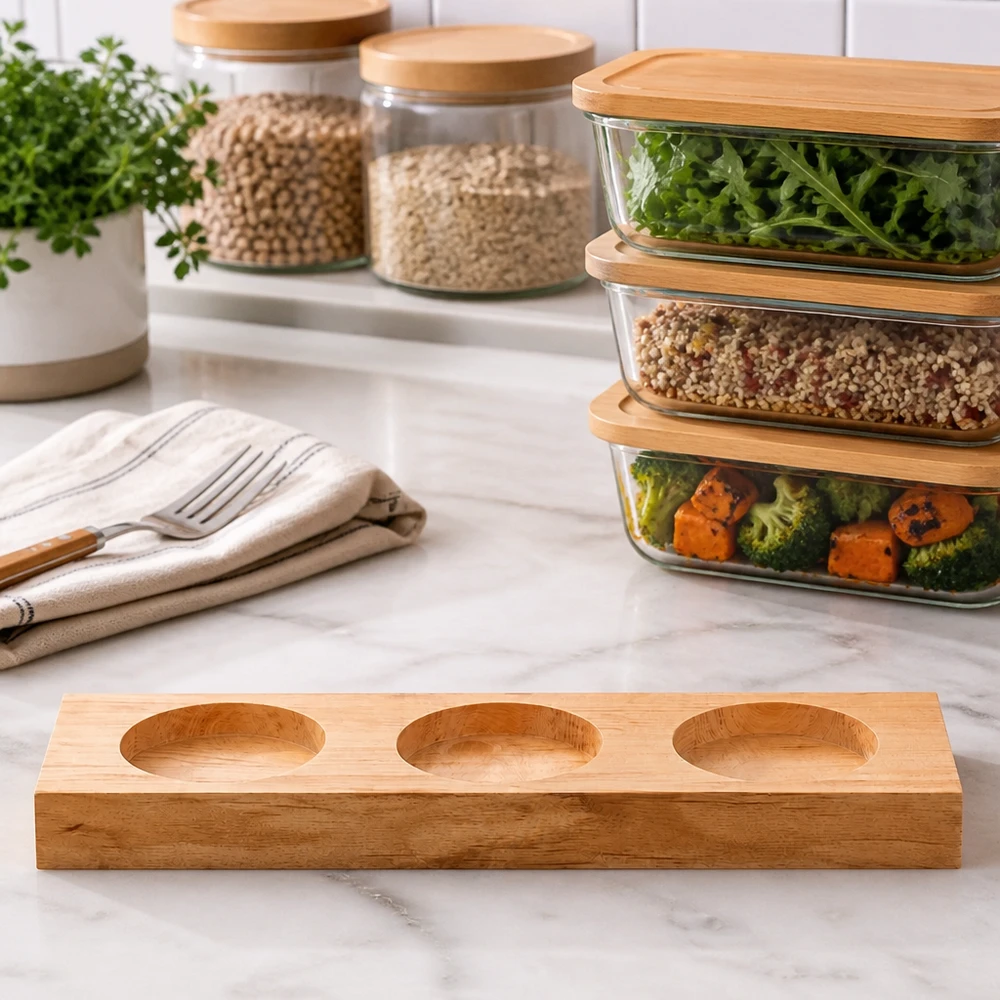 Serveerplank Plano3 voor 3 WECK-glazen Bamboe serveerplank Plano3 op marmeren aanrecht in moderne keuken met maaltijdcontainers en voorraadpotten
