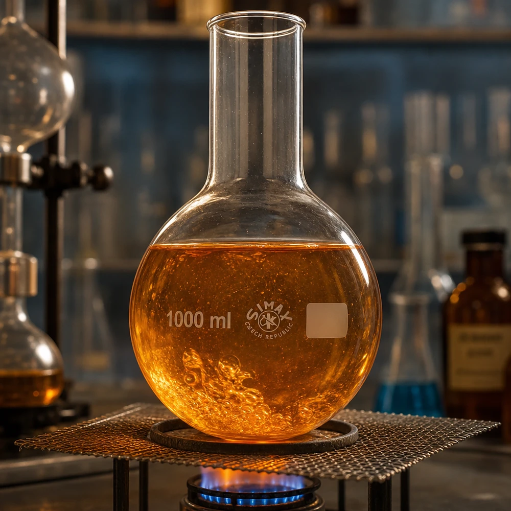 Platbodem kolf 1000ml wijde hals borosilicaat met afgeronde rand Chemie rondbodemkolf 1000ml met wijde opening voor synthesereacties in het onderzoekslaboratorium