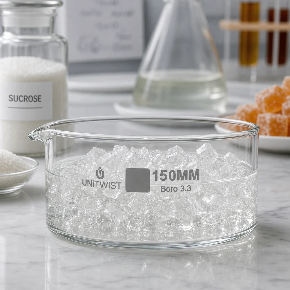 Kristalliseer schaal ø150mm borosilicaatglas UNiTWIST Kristallisatieschaal Labor UNiTWIST 150 mm Boro 3.3 Suikerkristallisatie Erlenmeyer-reageerbuisjes