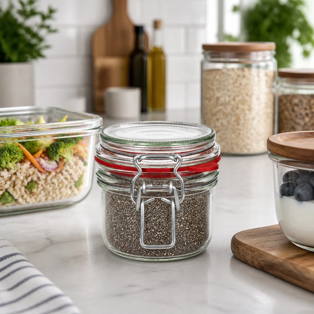 255 ml voorraadpot type G met beugelsluiting UN.. Stilvolle Küchenorganisation mit 255ml Vorratsglas Bügelverschluss für Gewürze und Trockenvorräte auf Marmortheke