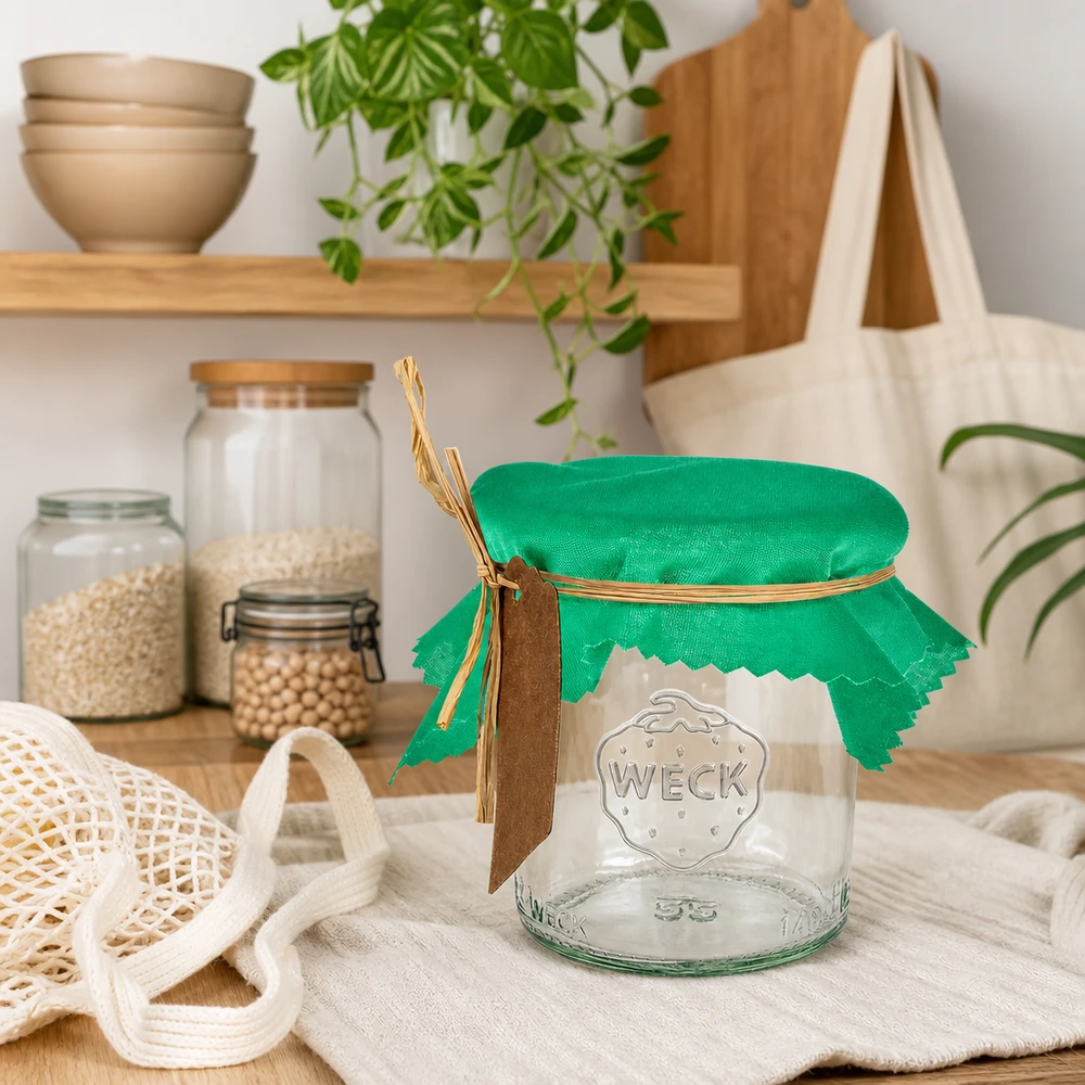 Groene decoratieve doily 12cm vierkant op WECK pot in duurzame zero-waste keuken met opbergbakjes en jute zak