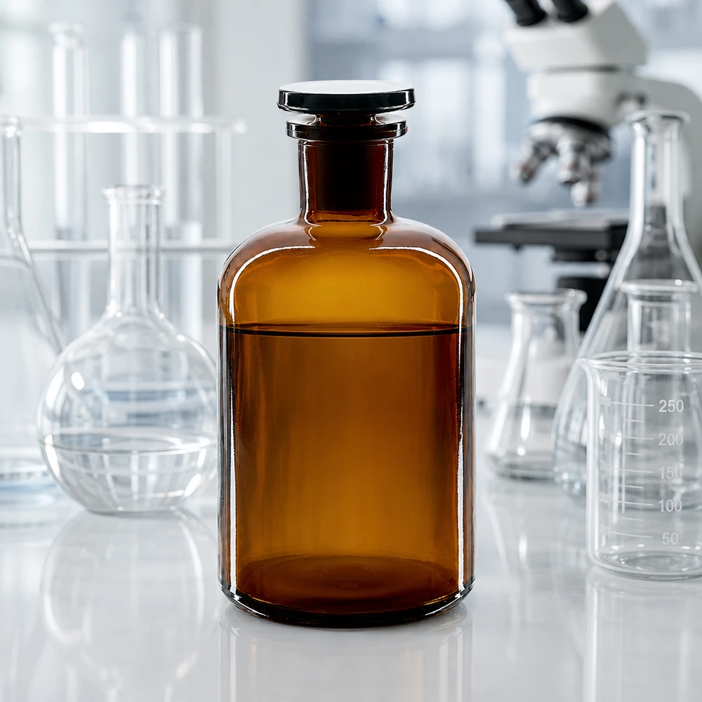 Apothekersfles 500 ml nauwe hals bruin glas incl. glazen stop Bruine laboratoriumglasfles van 500 ml met smalle hals en stop, naast een Erlenmeyer-kolf en een microscoop