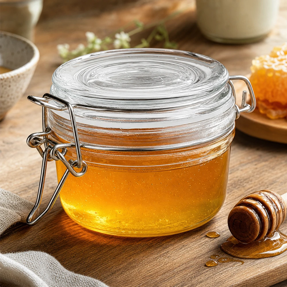 100 ml voorraadpot type S met scharnierende top UN. Hoogwaardige 100 ml pot met draaidop van dik glas voor langdurig bewaren in de keuken