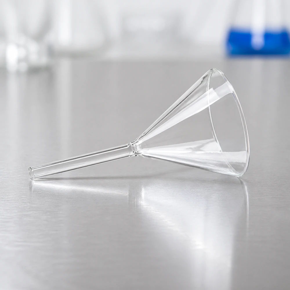 Glazen trechter Ø 80mm - kalk-soda-glas - 60° hoek Robuuste laboratoriumtrechter van kalk-sodaglas met een compact ontwerp voor ruimtebesparende opslag