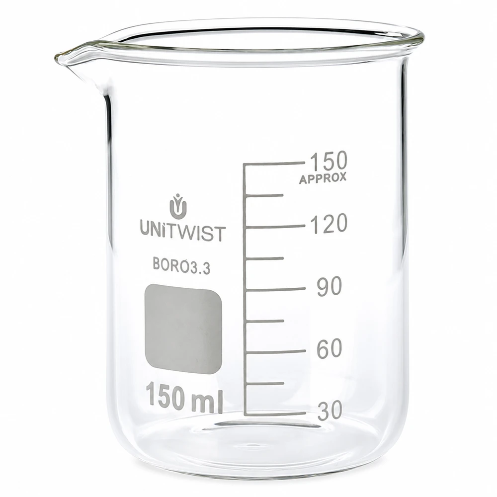 Beker 150ml borosilicaat, lage vorm UNiTwist Chemiebestendige bekerglas 150 ml UNiTwist BORO3.3, lage uitvoering, voor laboratoria en scholen