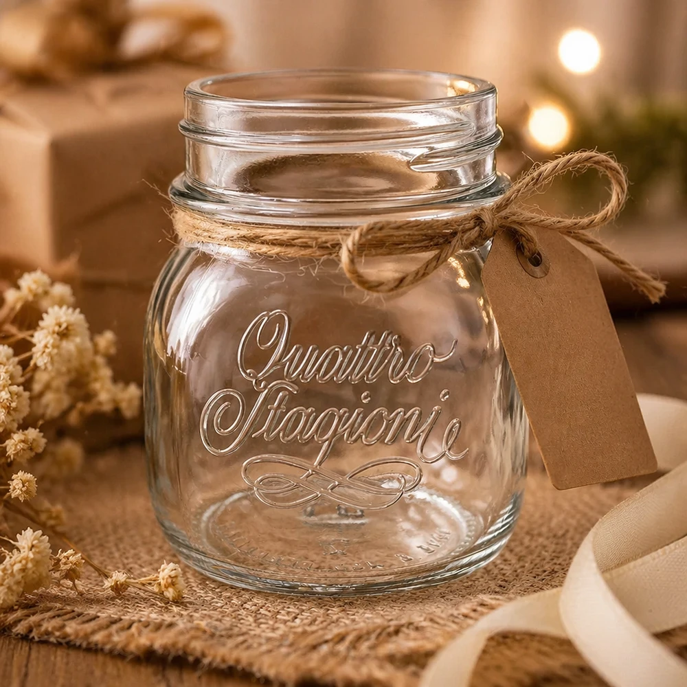 150ml huishoudglas "Quattro Stagioni" 150ml Quattro Stagioni huishoudpot met deksel en jute lint, decoratieve inmaakpot op een rustieke houten tafel
