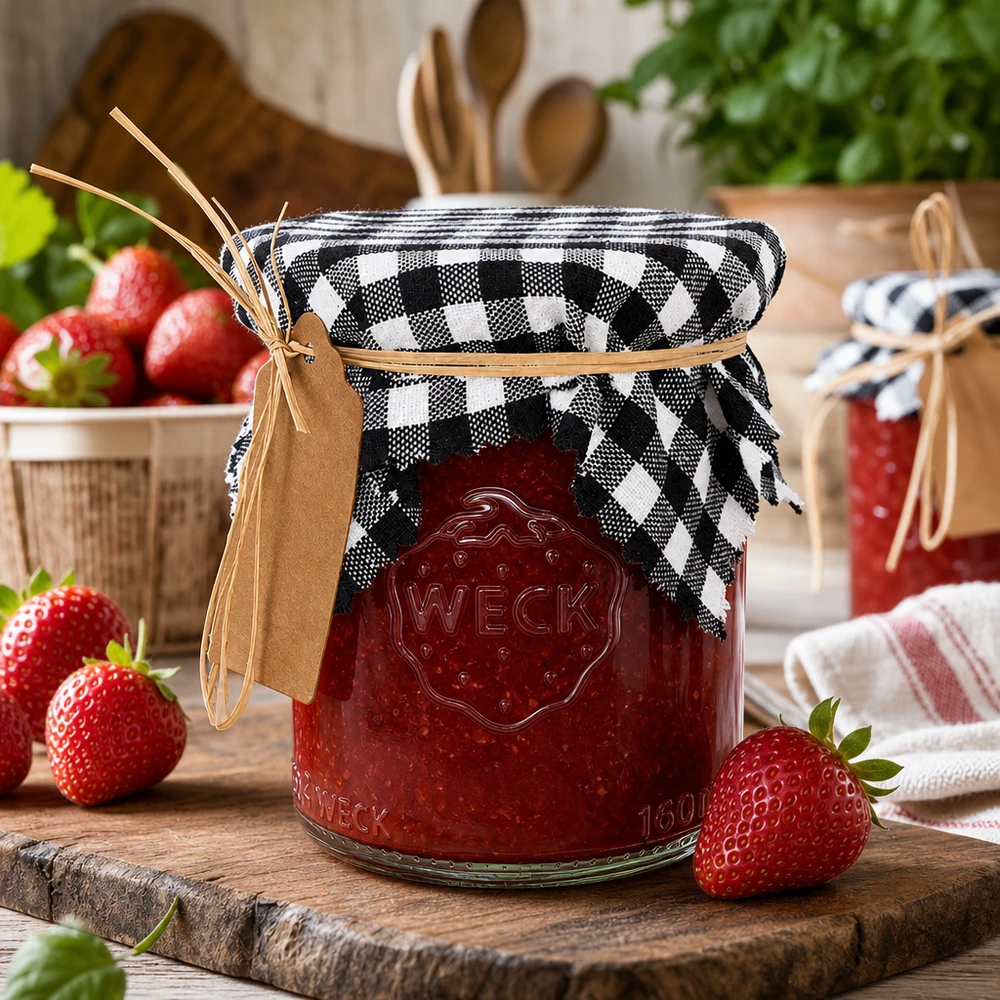 Zwart-wit geblokte stoffen onderlegger op een jampot met aardbeien, rustieke keukendecoratie in vintage-stijl