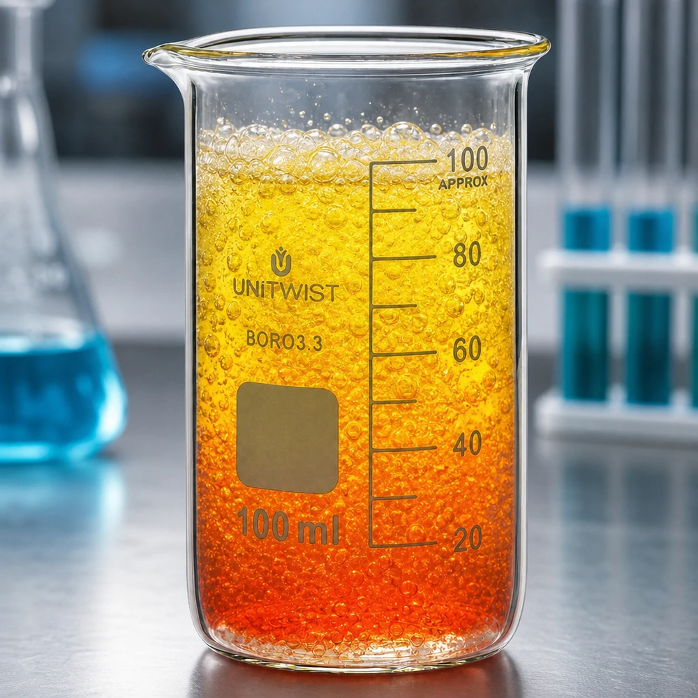 Beker 100ml borosilicaat, hoge vorm UNITWIST Laboratoriumreactie met schuimvorming in het UNITWIST-bekerglas van 100 ml, hoog model, borosilicaatglas