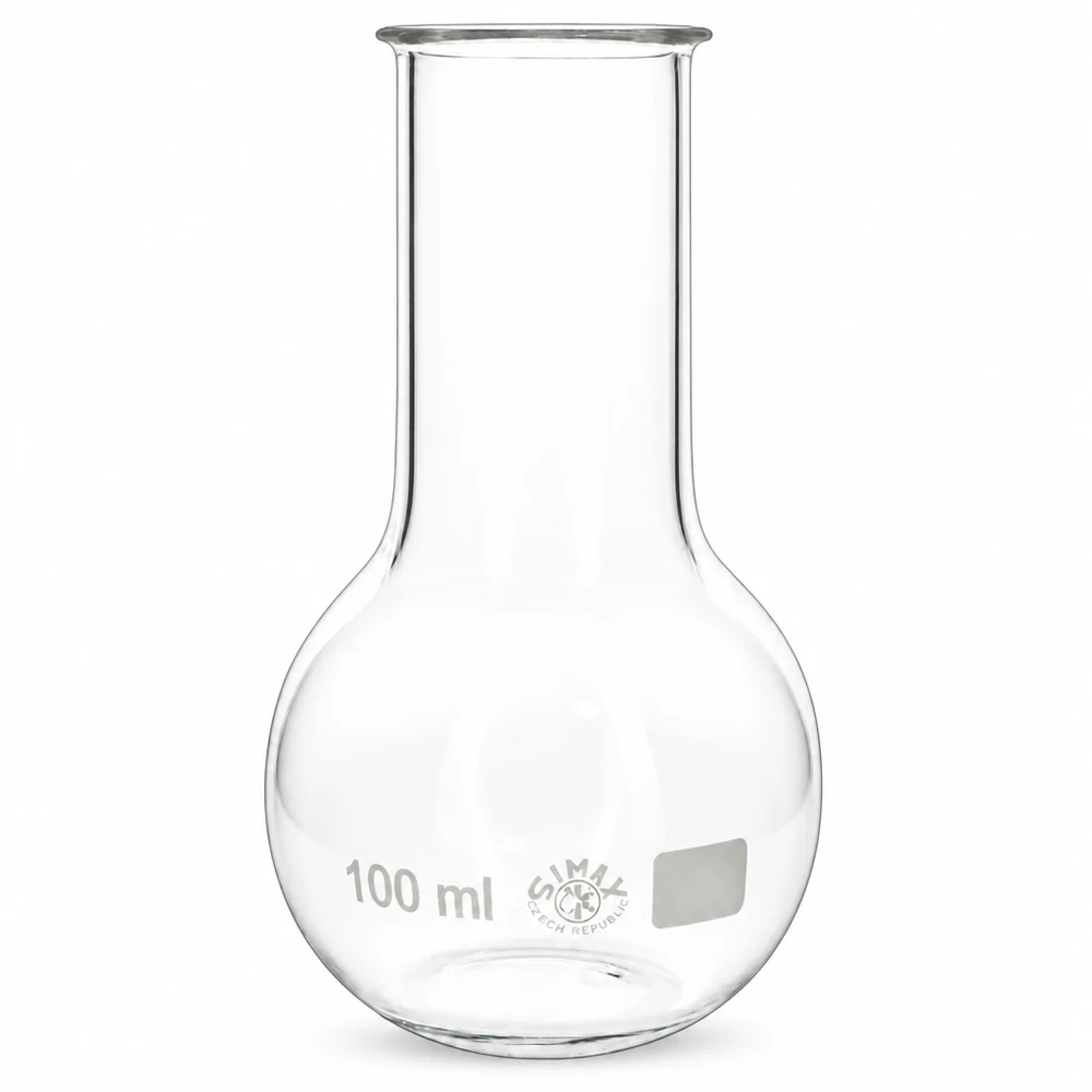 Platbodem kolf 100ml wijde hals borosilicaat met afgeronde rand Staande kolf met brede mond en een volume van 100 ml, perfect voor kleine batches en analyseprocedures in het laboratorium