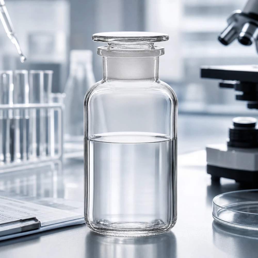 Apothekersfles 500 ml wijde hals helder glas incl. glazen stop Lege glazen fles van 500 ml met brede hals, helder, met stop, naast reageerbuisjes in het schone laboratorium