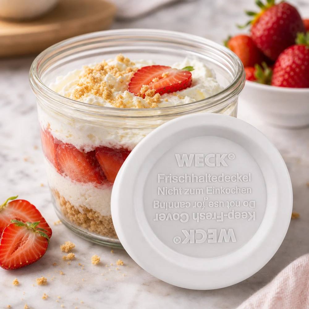 WECK vershoudend deksel RR40 WECK RR40 houdbaar deksel met aardbeiendessert in een pot - perfect voor zoete desserts en desserts in laagjes
