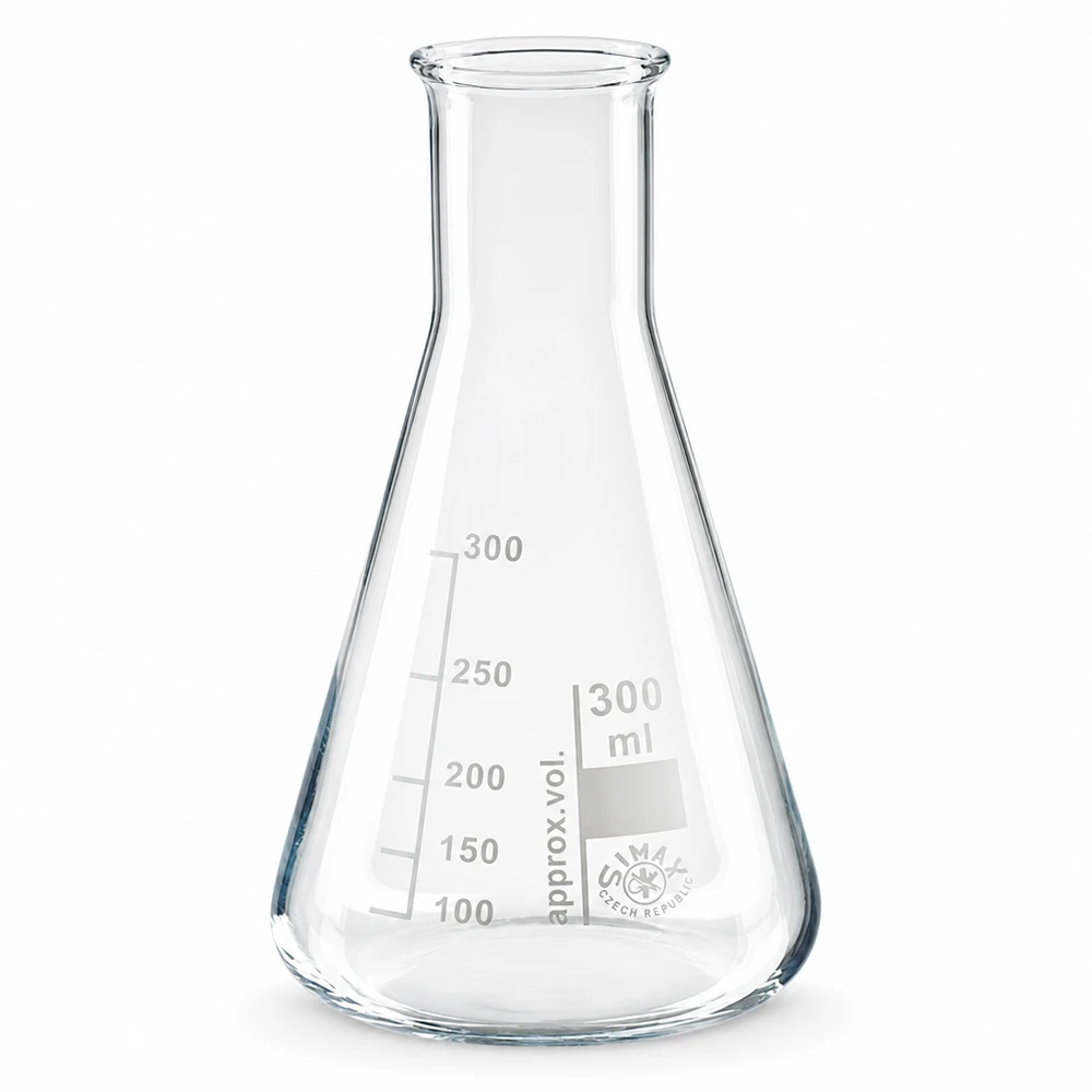 Erlenmeyer 300ml nauwe hals borosilicaat met afgeronde rand Erlenmeyer 300ml nauwe hals borosilicaat met afgeronde rand