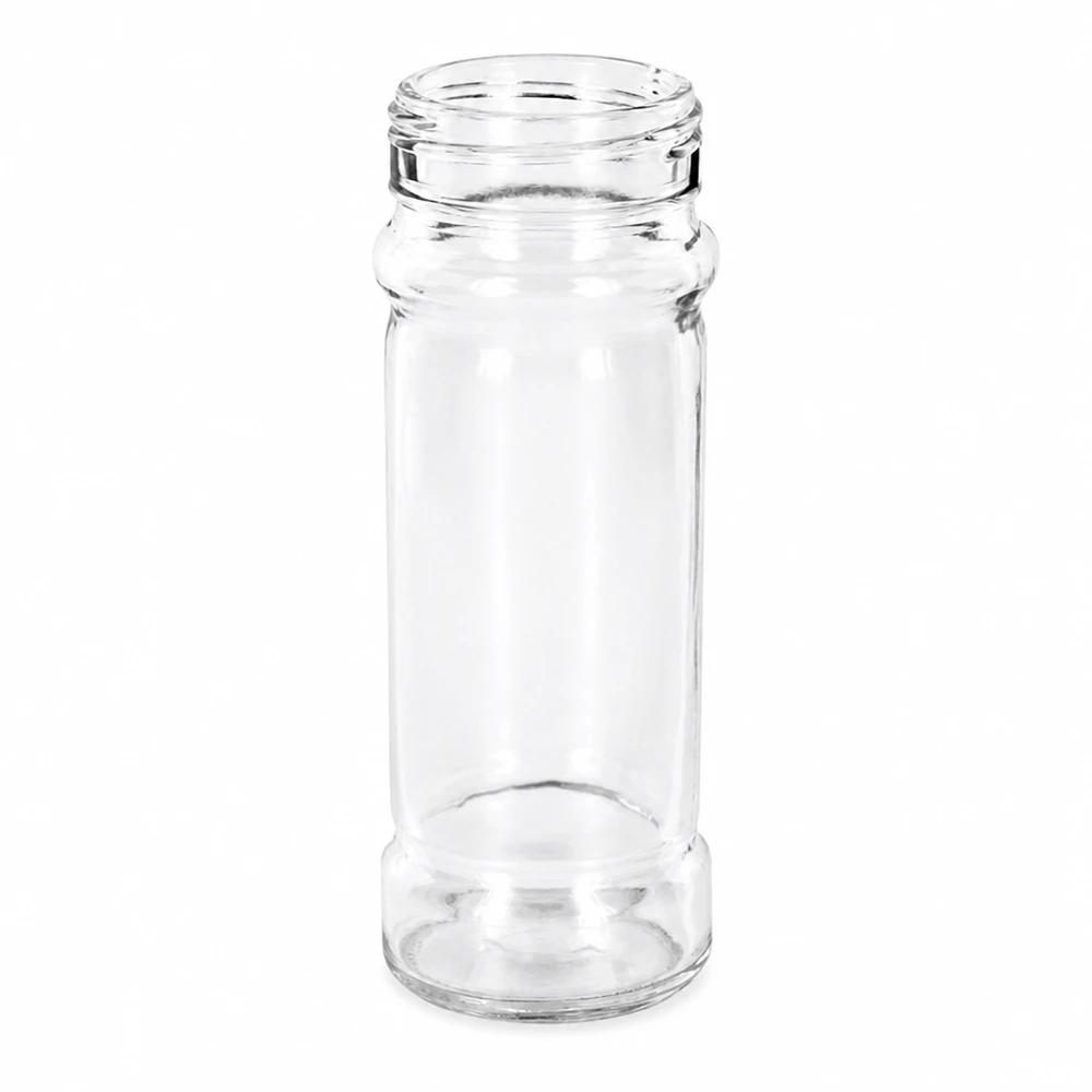 Specerijenglas, cilindervorm 100 ml met 41 mm schroefdraad, helder glas, zonder sluiting Kruidenpotje Mary met afgeronde romp en verbrede voet, van helder glas, 100 ml