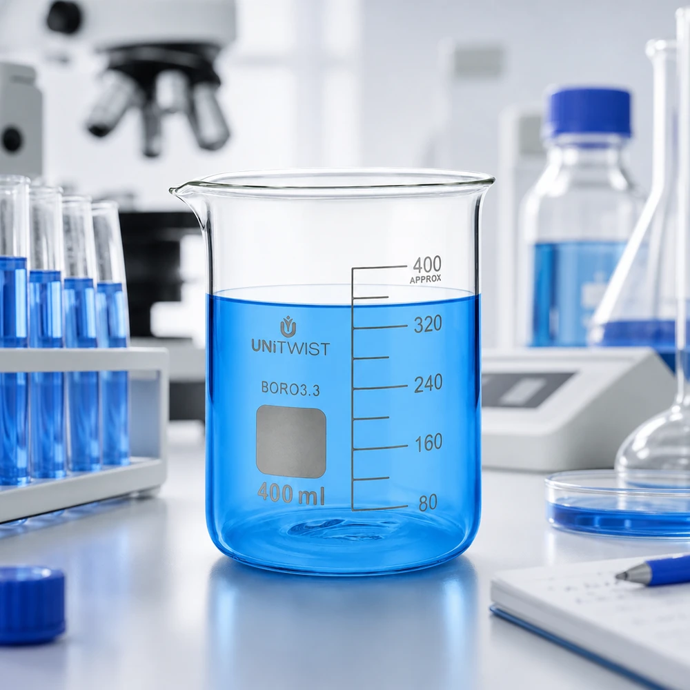 Scheikundelaboratorium: bekerglas van 400 ml met blauwe inhoud, reageerbuisjes, microscoop en Erlenmeyer-kolf