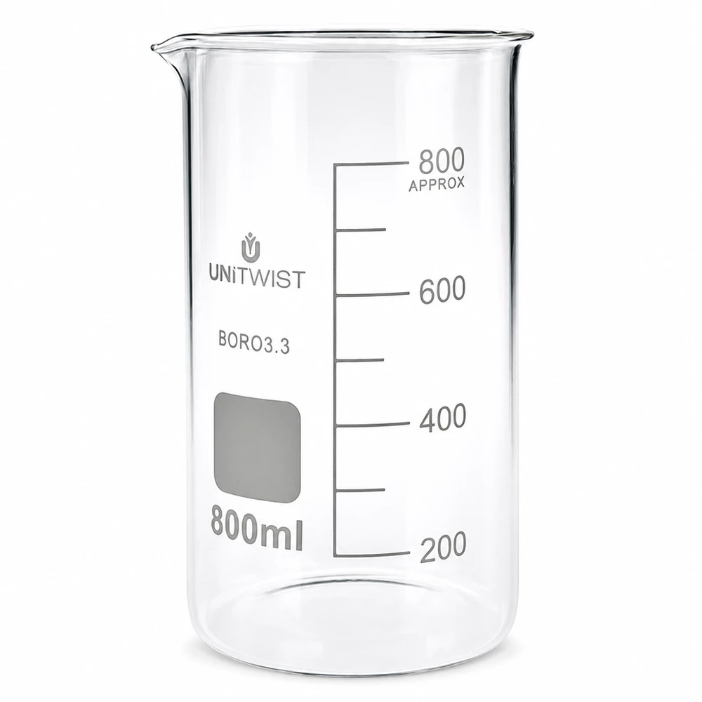 Beker 800ml borosilicaat, hoge vorm UNITWIST Chemielaboratorium bekerglas, hoog model, 800 ml, borosilicaatglas, met opschriftveld en schaalverdeling