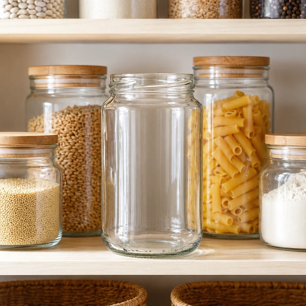 375ml rond glas zonder deksel (TO63) UNiTWIST UNiTWIST Runda375 ronde pot 375ml TO63 in een georganiseerde voorraadkast tussen gevulde voorraadpotten met pasta en